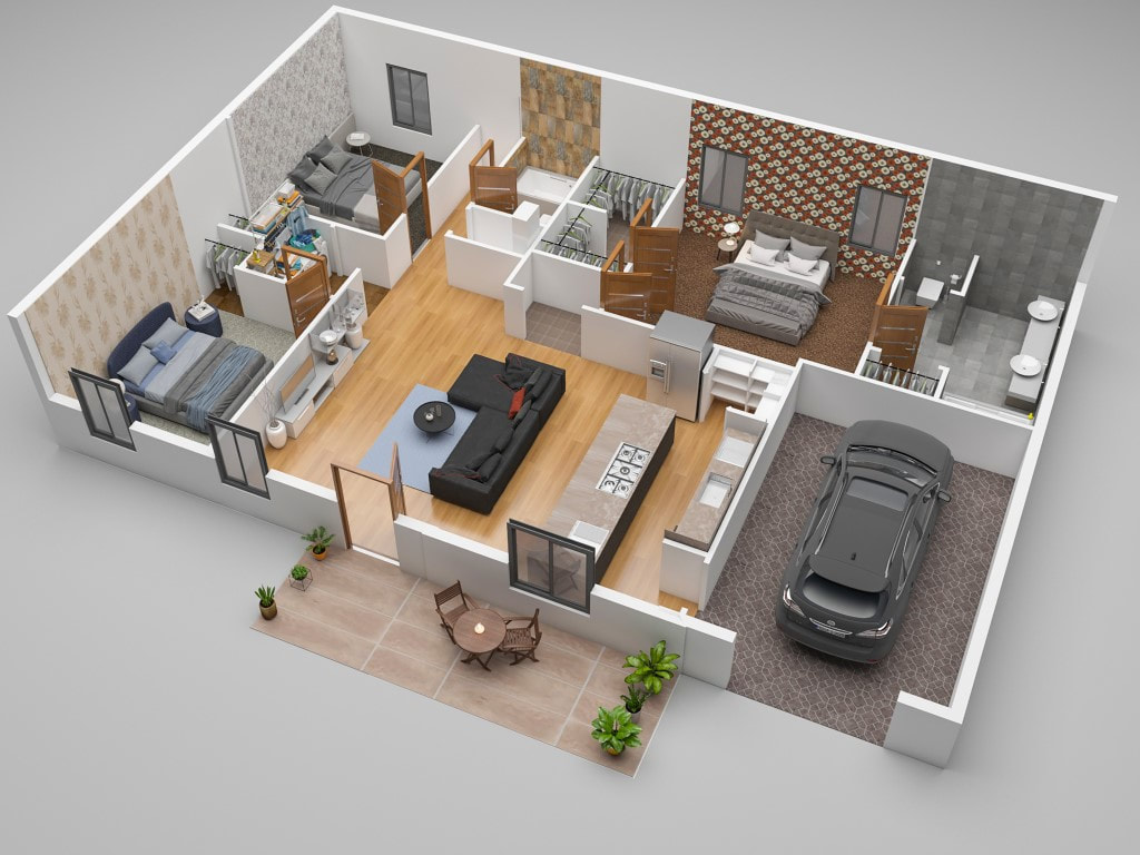 3D three bedrooms Floorplan